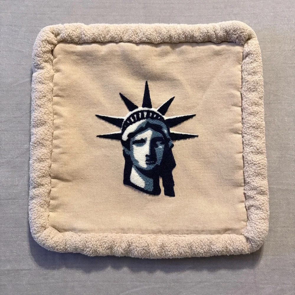 Statue of Liberty Throw Pillow Cover NYC Decor Beige Sherpa Trim Americana